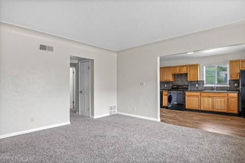 A room with a carpeted floor and a kitchen area in the background.