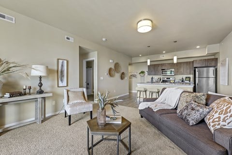 A living room with a couch, a coffee table, and a kitchen in the background.