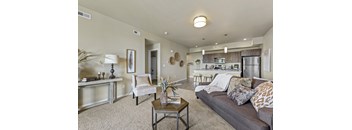 A living room with a couch, a coffee table, and a kitchen in the background.