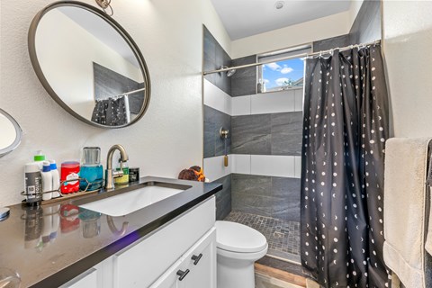 A bathroom with a sink, mirror, toilet, and shower.