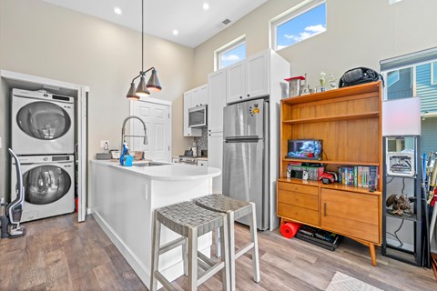A modern kitchen with a washing machine and a refrigerator built into the cabinetry.