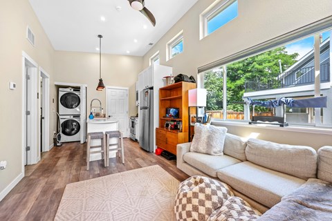 A living room with a couch, a chair, a rug, and a ceiling fan.