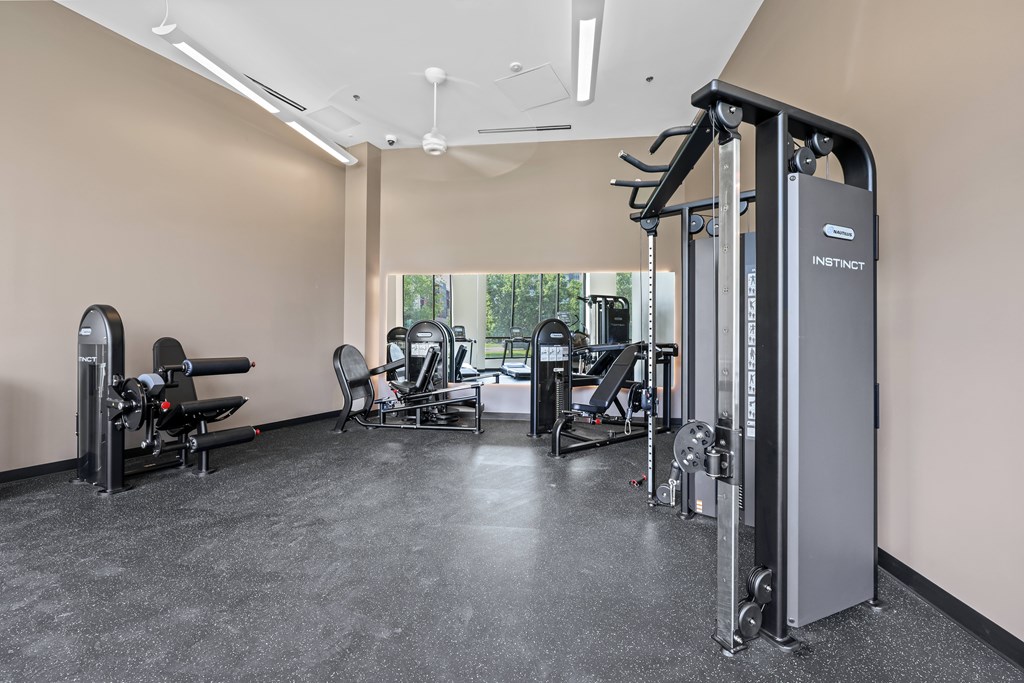 A gym with a variety of equipment including a squat rack and a leg press machine.