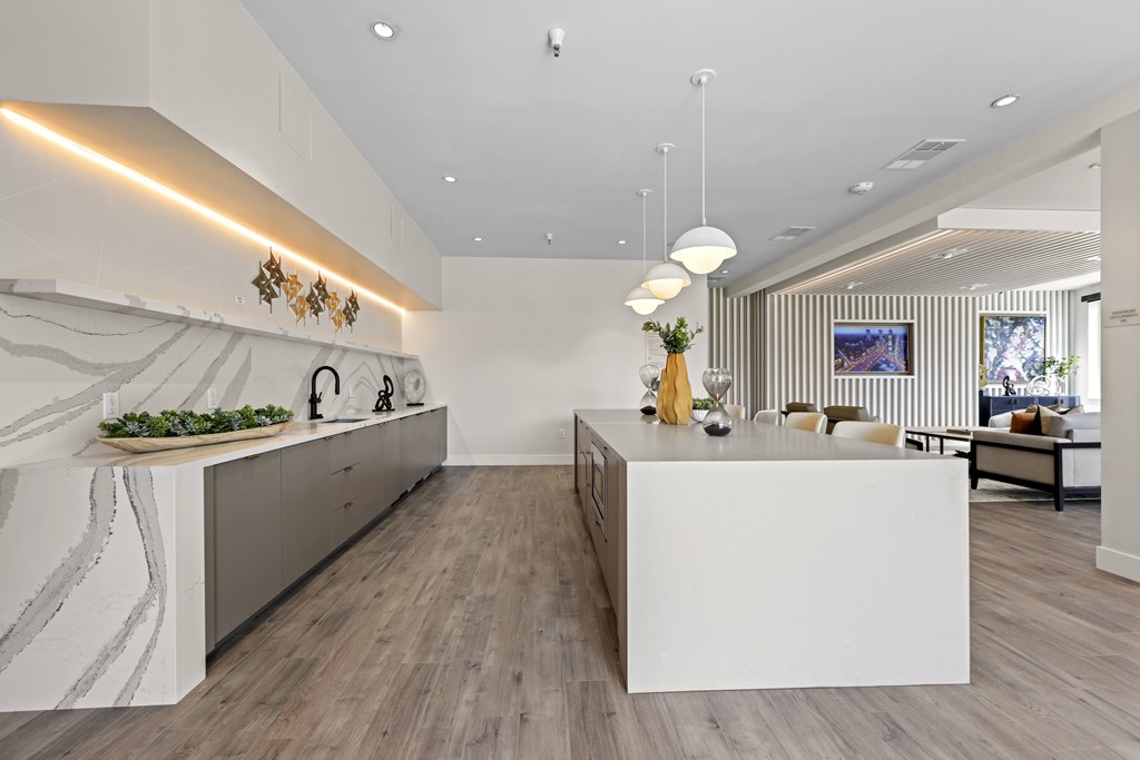 A modern kitchen with a white counter and wooden floors.