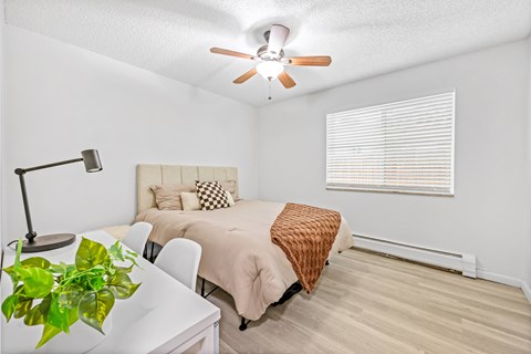A bedroom with a bed, a ceiling fan, and a window with blinds.