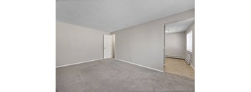 A room with a carpeted floor and two doors.
