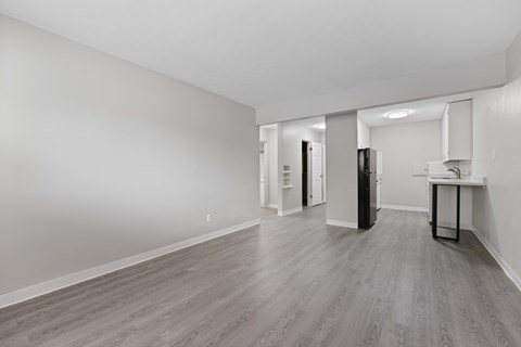 A spacious room with a kitchenette and a refrigerator.