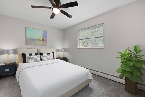 A bedroom with a large bed, a ceiling fan, and a potted plant.