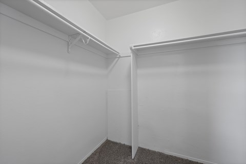 A white closet with a carpeted floor and white walls.