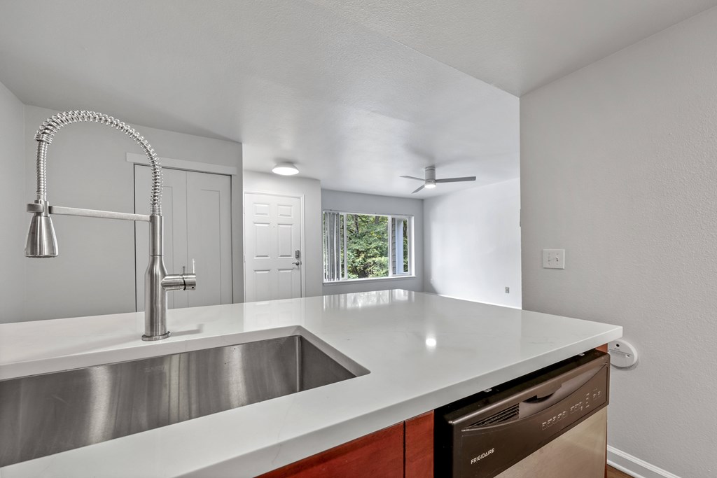 A modern kitchen with a stainless steel sink and a white countertop.