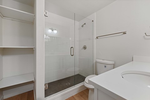 A white bathroom with a walk in shower.