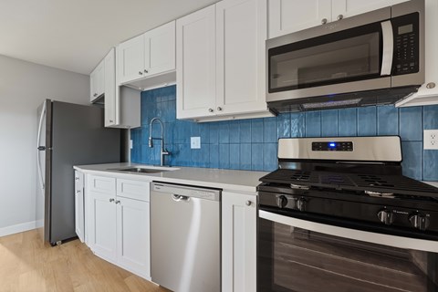 A kitchen with a stove, dishwasher, and refrigerator.