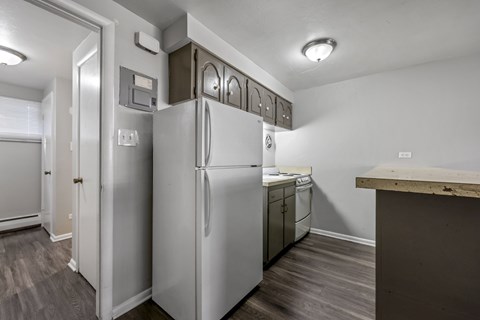 A kitchen with a refrigerator, dishwasher, and a counter.