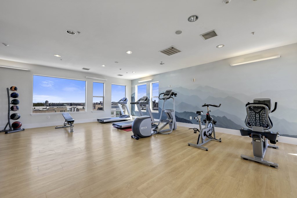 A gym with a variety of equipment including a treadmill, exercise bike, and weight bench.