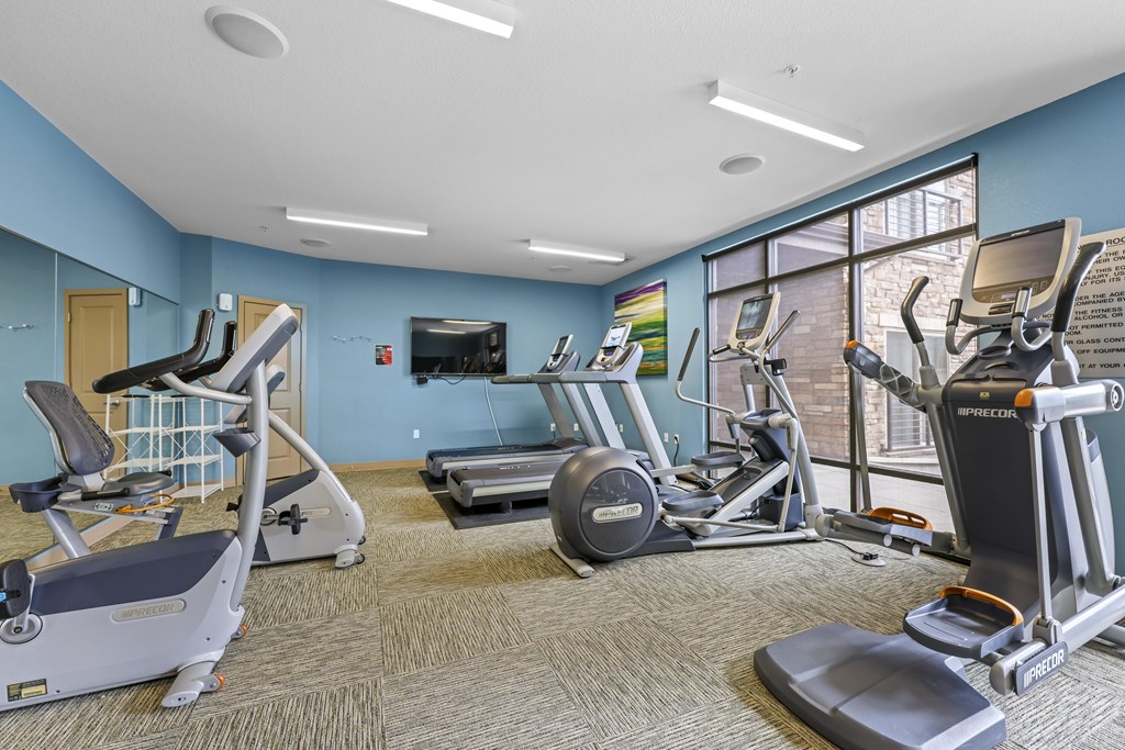 A gym with treadmills, elliptical machines, and other exercise equipment.