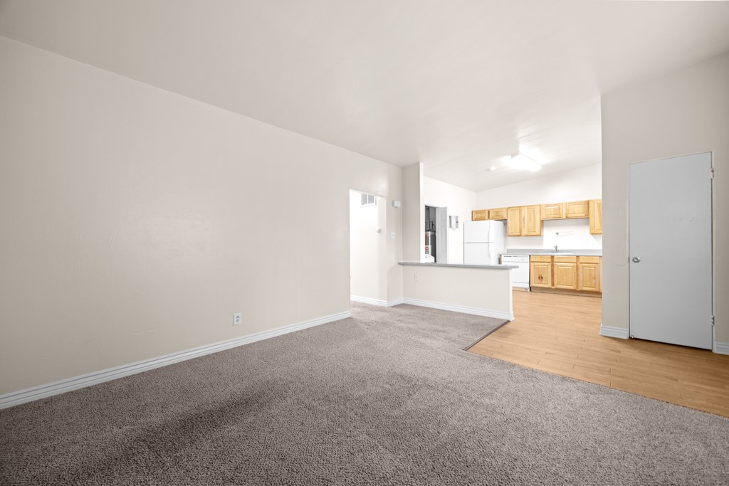 A spacious living room with a grey carpet and white walls.