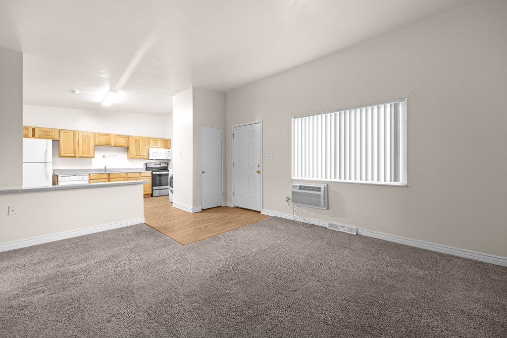 A room with a carpeted floor and a window with blinds.