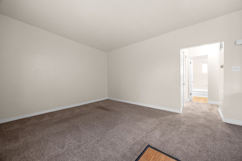 A room with a carpeted floor and a doorway leading to another room.