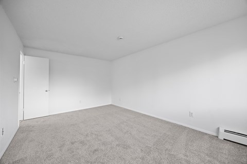 A sparsely furnished room with a carpeted floor and a white door.
