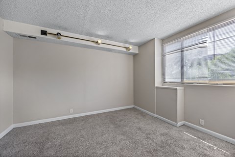 A room with a window and a carpeted floor.
