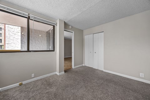 A room with a carpeted floor, a window with a view of a building outside, and a white door.