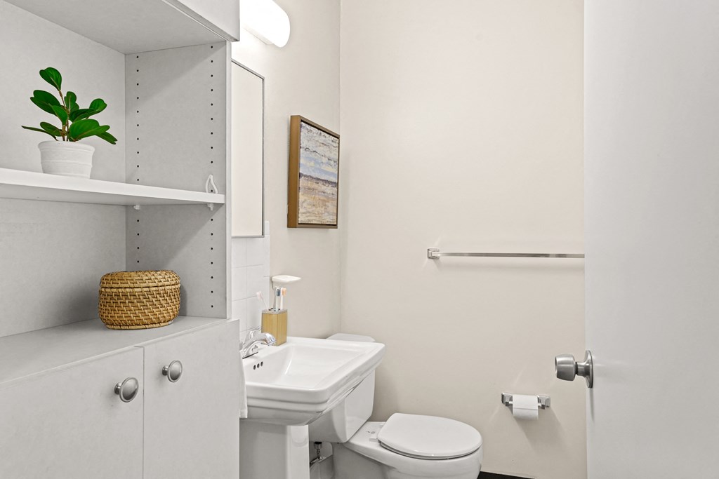 a white bathroom with a white toilet and sink and a white cabinet with a green plant on