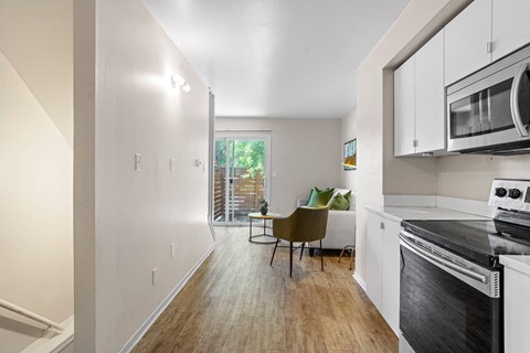 Galley Style Kitchen looking into the living area