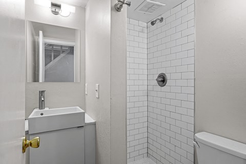 Bathroom with a sink and a shower