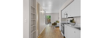 a kitchen and living room