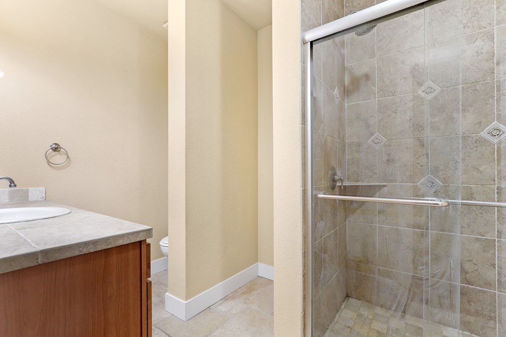 a bathroom with a shower stall and a sink