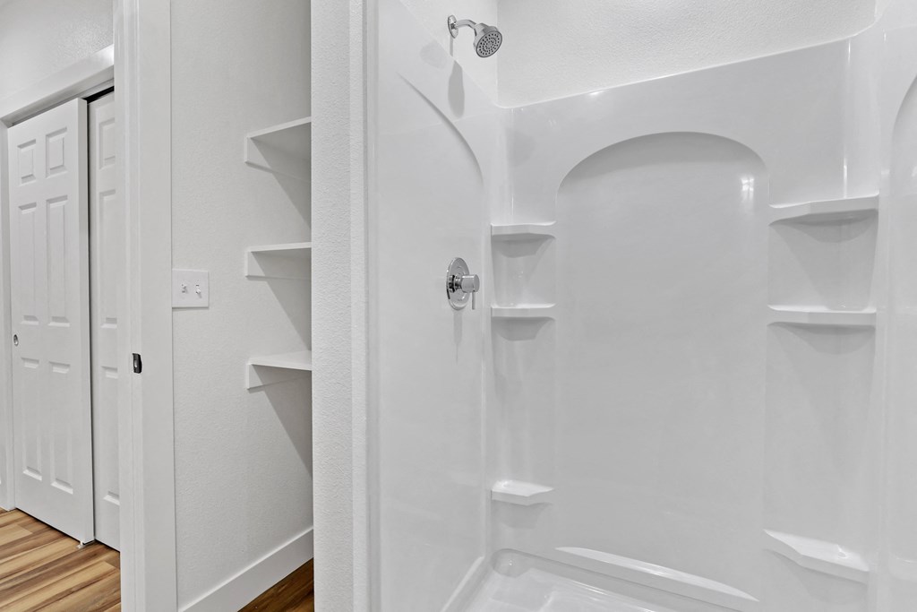 a bathroom with a walk in shower and shelves