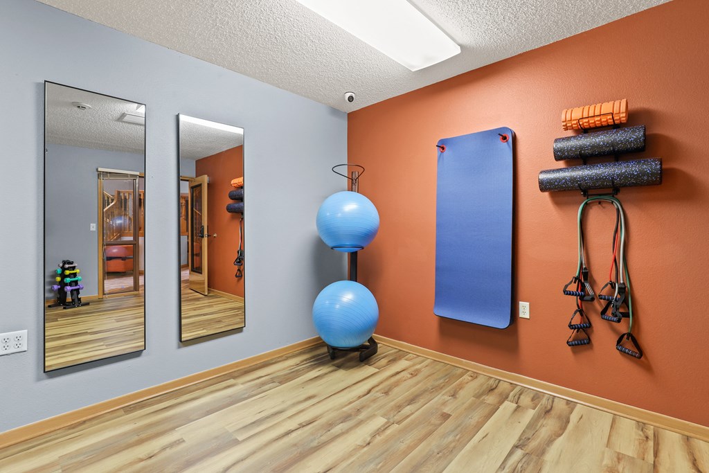 a yoga room with mirrors and a blue ball