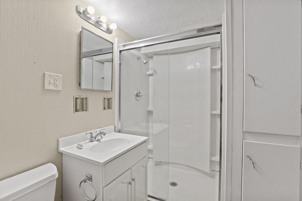 a bathroom with a sink and a shower