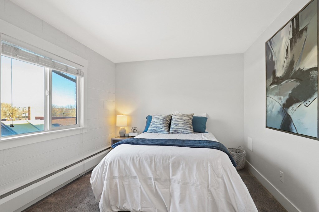 a bedroom with a large bed and a window