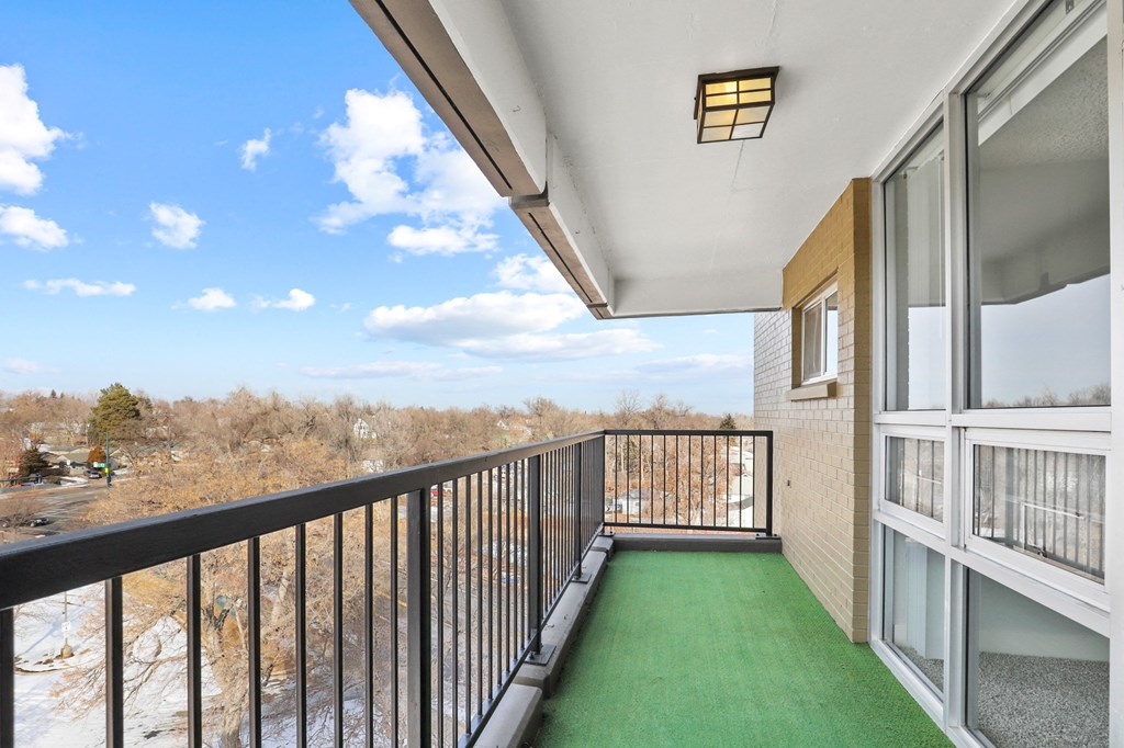 a balcony with a green carpet and a view of the woods