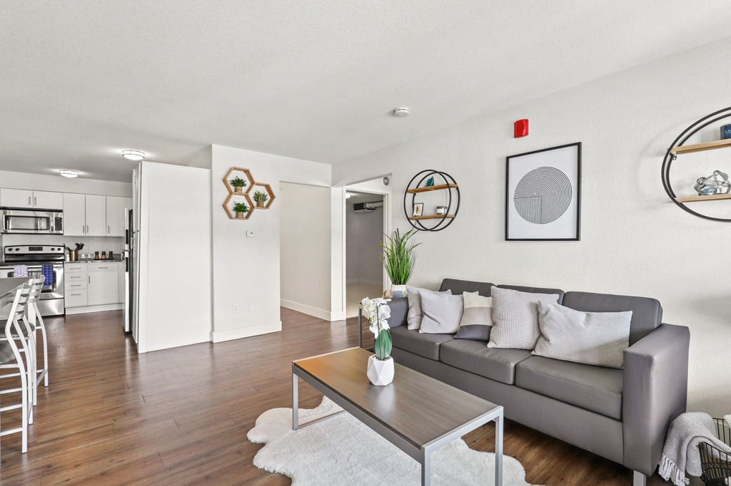 a living room with a couch and a coffee table