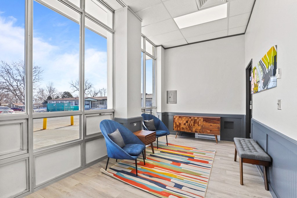 the preserve at gateway living room with seating and large windows