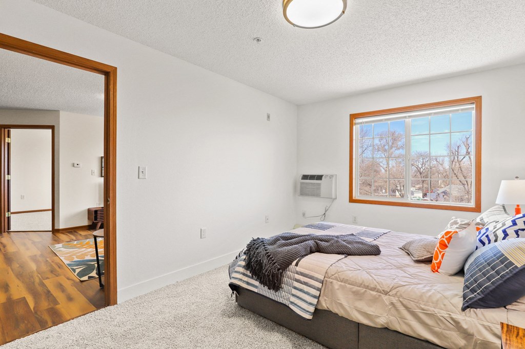 a bedroom with a bed and a window