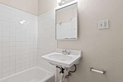a bathroom with a sink and a mirror and a tub