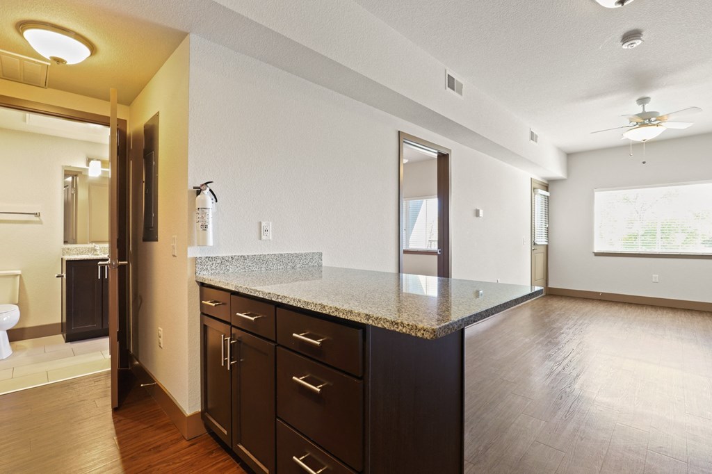 the view of a kitchen with a granite counter top and a door to a bathroom