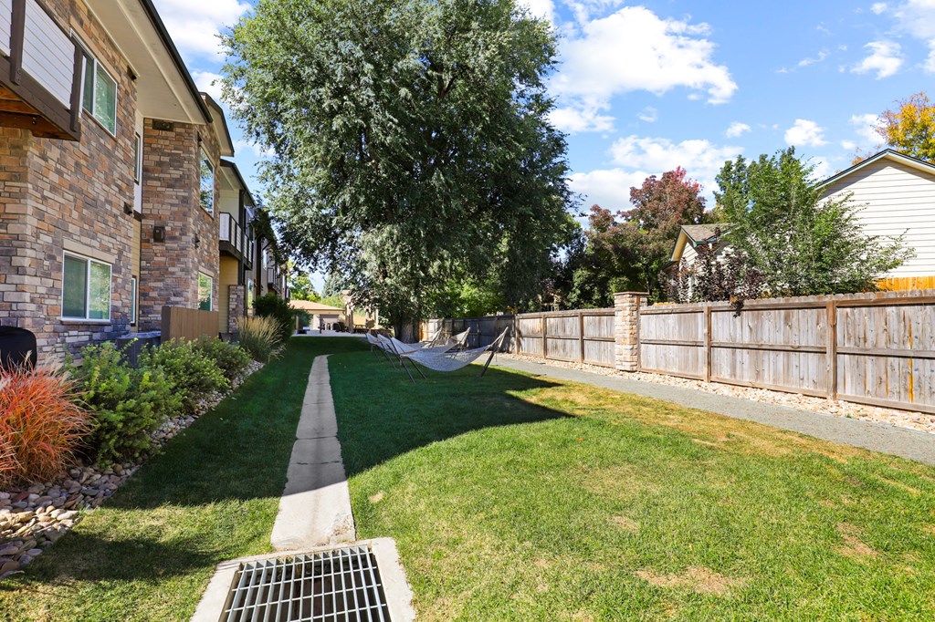 a yard with a chain link fence and a tree