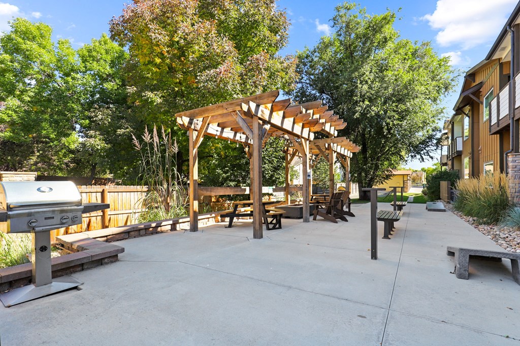 a picnic area with benches and a wooden pergola