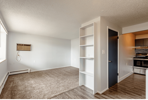 A room with a carpeted floor and a white door.