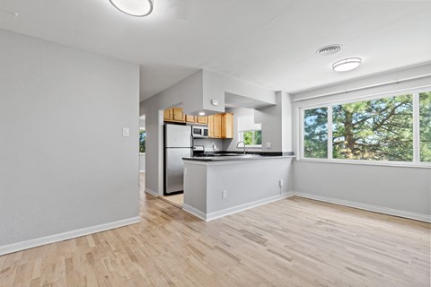 A kitchen with wooden floors and a window overlooking trees.