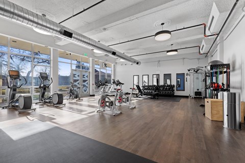 A spacious gym with a variety of exercise equipment.