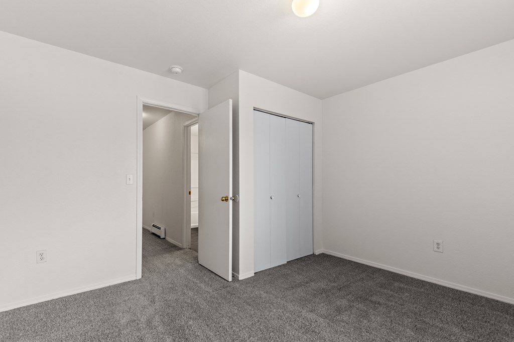 A room with a carpeted floor and two doors.