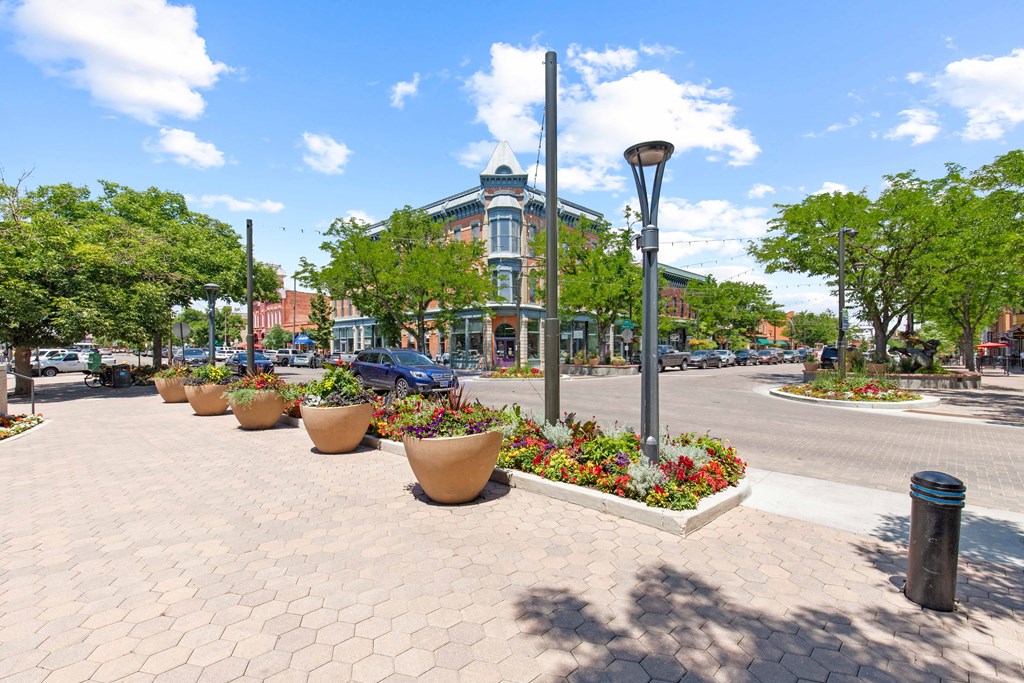 A sunny day in a town square with a row of flower pots and a street lamp.