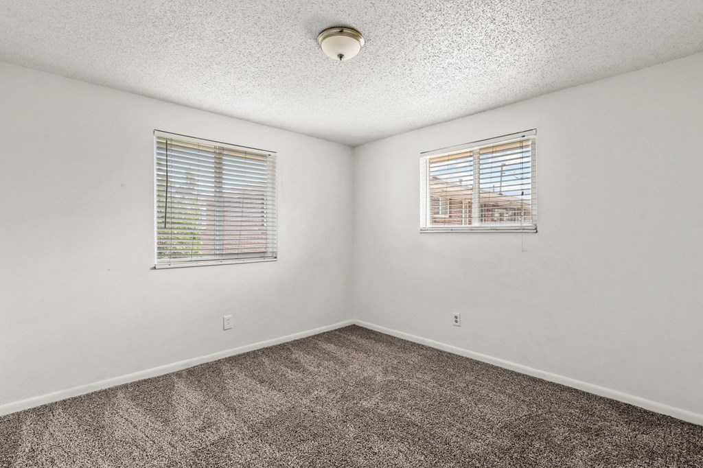 a bedroom with two windows and a carpeted floor
