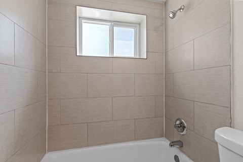 a bathroom with a shower and a tub and a window