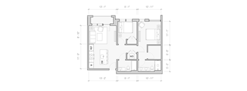 A floor plan of a house with a living room, kitchen, and two bathrooms.
